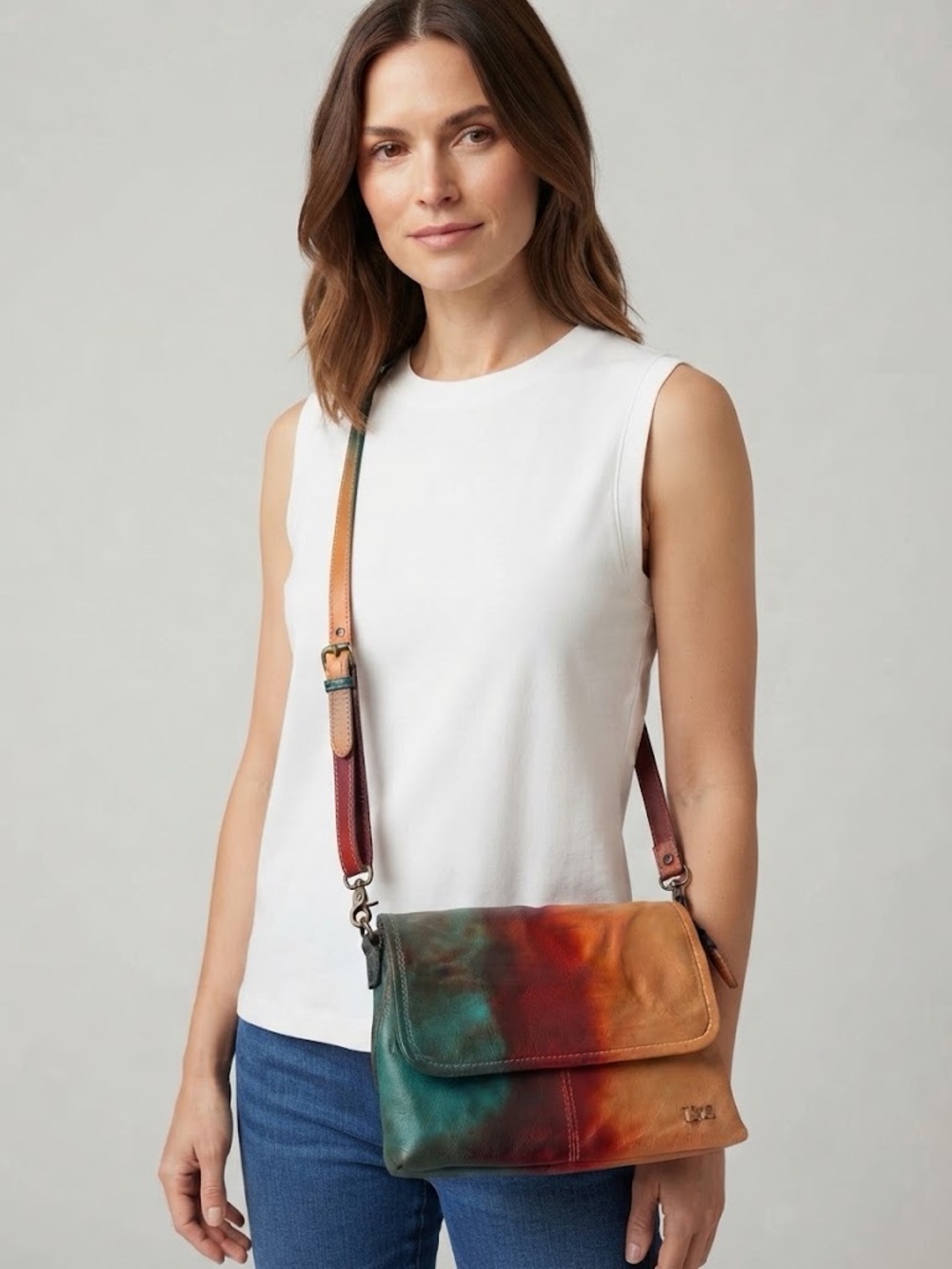 Bed Stu - Multicolor Teal Green, Red & Tan Leather Crossbody Bag